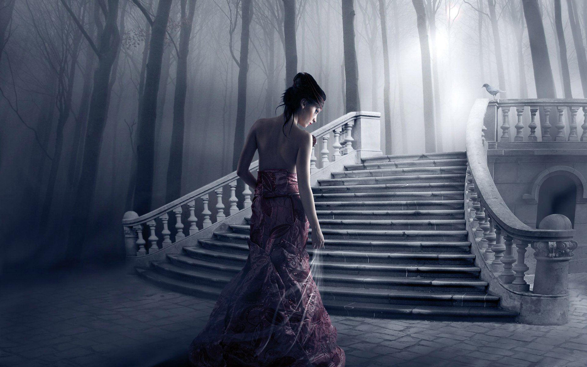 A woman in an elegant dress stands before grand stairs in a foggy, fantasy forest, creating a mystical and atmospheric HD backdrop.