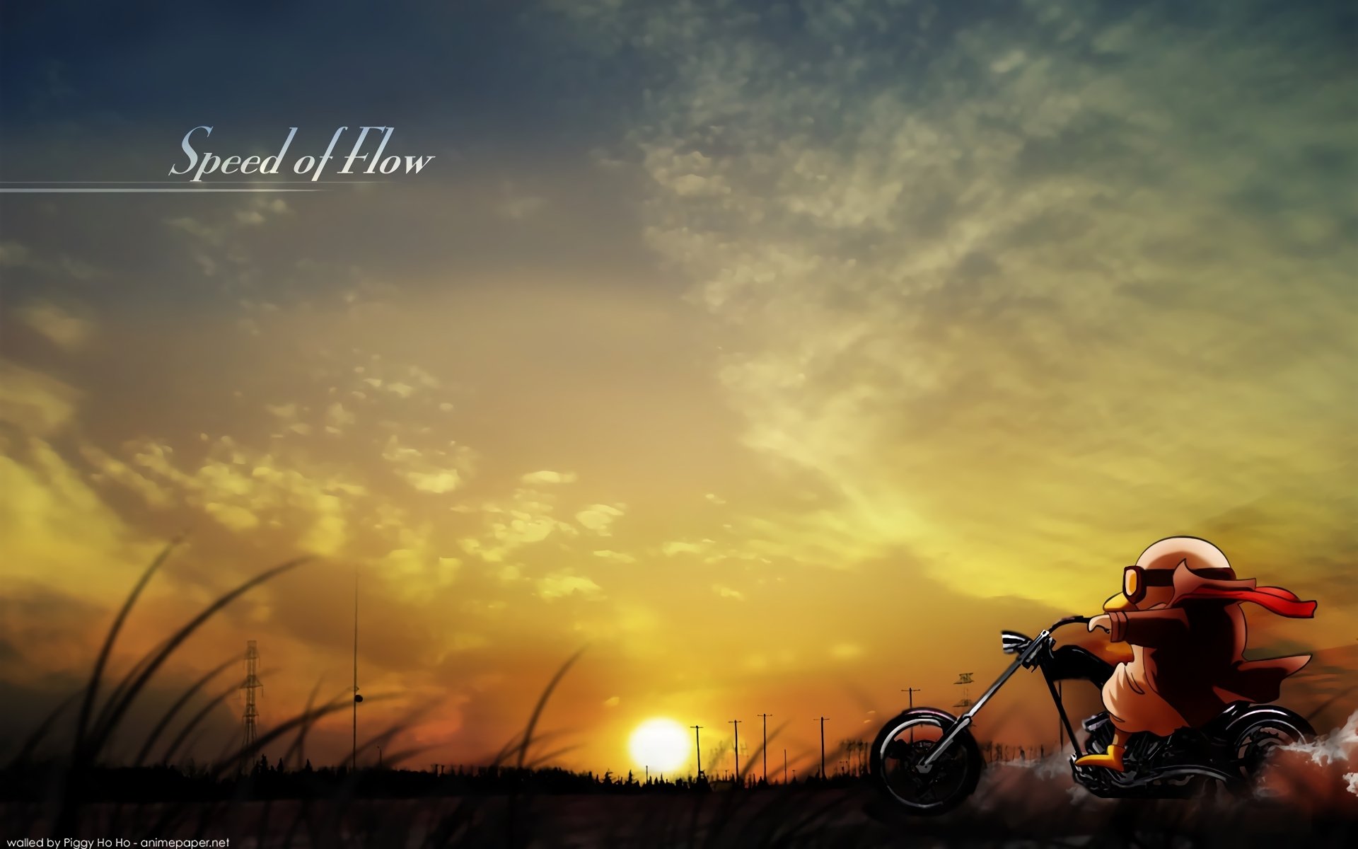HD anime desktop wallpaper featuring a Gintama character riding a motorcycle at sunset, with Speed of Flow text amid a dramatic sky and grassy foreground.