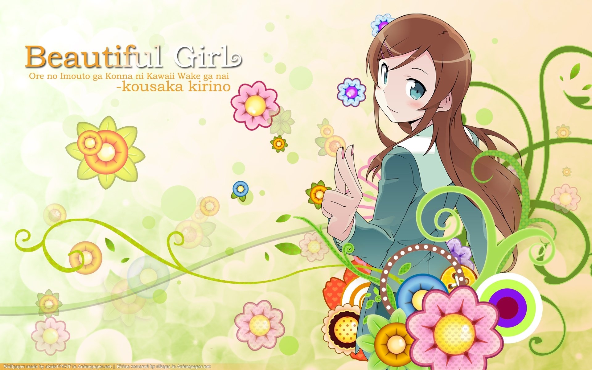 HD anime desktop wallpaper featuring Kousaka Kirino from Oreimo with vibrant floral designs and a soft green background.