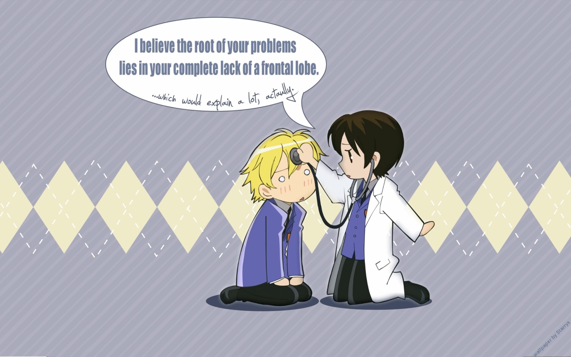 Chibi anime scene from Ouran High School Host Club: dark-haired host in a lab coat listens with a stethoscope to a blond host on a patterned background — 2K Quad HD PC desktop wallpaper.