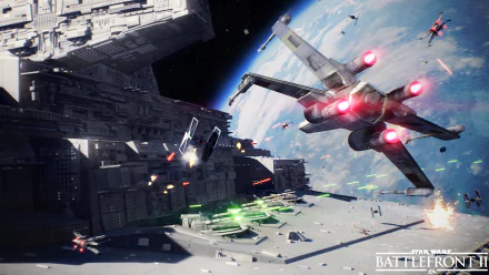 A HD desktop wallpaper featuring TIE Fighters, a Star Destroyer, and an X-Wing in a space battle from Star Wars Battlefront II (2017). The image captures high-energy action against a backdrop of space.