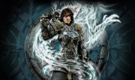 A powerful woman warrior stands confidently in ornate armor, surrounded by a mystical aura. This HD fantasy wallpaper creates a captivating backdrop for any desktop.