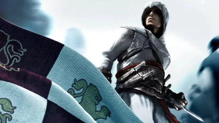 HD wallpaper and background featuring Altair from Assassin's Creed, showcasing the iconic character in his assassin hood and armor, with a flag in the foreground.