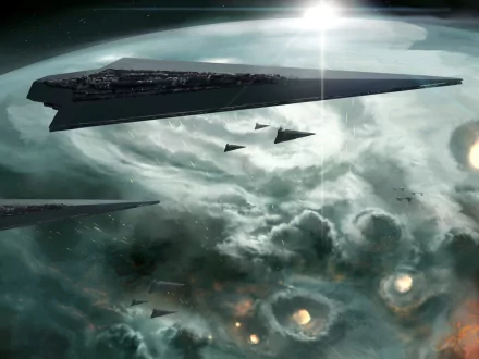 HD desktop wallpaper of a Star Wars-themed space scene featuring a fleet of Star Destroyers against a cosmic backdrop with swirling clouds and distant stars.