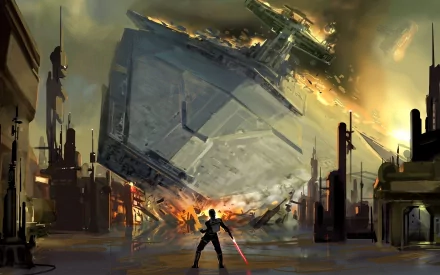 A dramatic scene featuring a Star Destroyer from the Star Wars movie universe, with a lone figure wielding a red lightsaber against a fiery, chaotic background. HD desktop wallpaper.