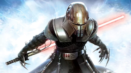 A Sith warrior from Star Wars: The Force Unleashed video game wields a red lightsaber in this HD desktop wallpaper and background, showcasing a fearsome and powerful character in dynamic action.