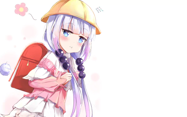 HD desktop wallpaper featuring Kanna Kamui from Miss Kobayashi's Dragon Maid anime, with a white background, Kanna wearing a school hat, pink dress, and red backpack, looking slightly displeased.