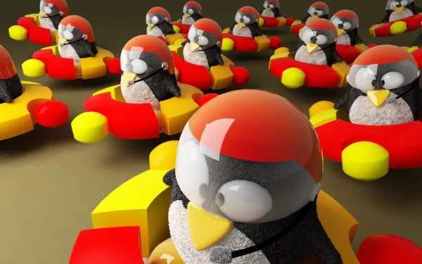 A vibrant HD desktop wallpaper featuring playful penguins in colorful racing karts, embodying the spirit of Ubuntu and technology in a fun, energetic scene.