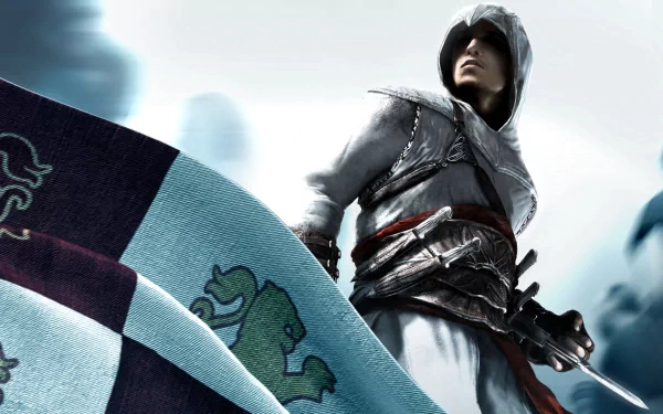 HD wallpaper and background featuring Altair from Assassin's Creed, showcasing the iconic character in his assassin hood and armor, with a flag in the foreground.