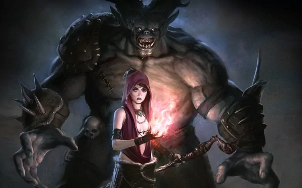 A sorceress stands confidently in the foreground, wielding magic, as a towering demon looms behind her. This captivating artwork from Dragon Age: Origins embodies fantasy and intrigue.