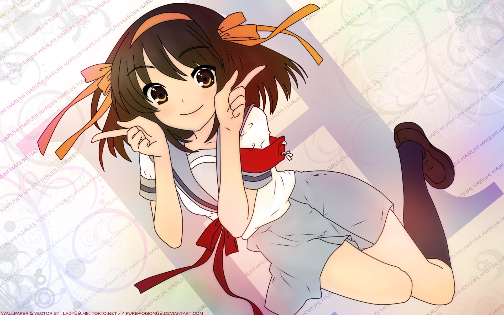 HD anime wallpaper featuring Haruhi Suzumiya in a school uniform with short brown hair and brown eyes, posing with a peace sign from The Melancholy of Haruhi Suzumiya.