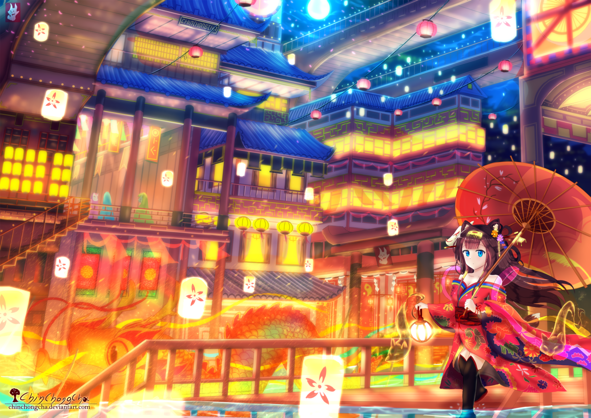 Anime-style HD PC desktop wallpaper featuring a vibrant nighttime cityscape with glowing lanterns and a character holding a red umbrella in traditional attire.