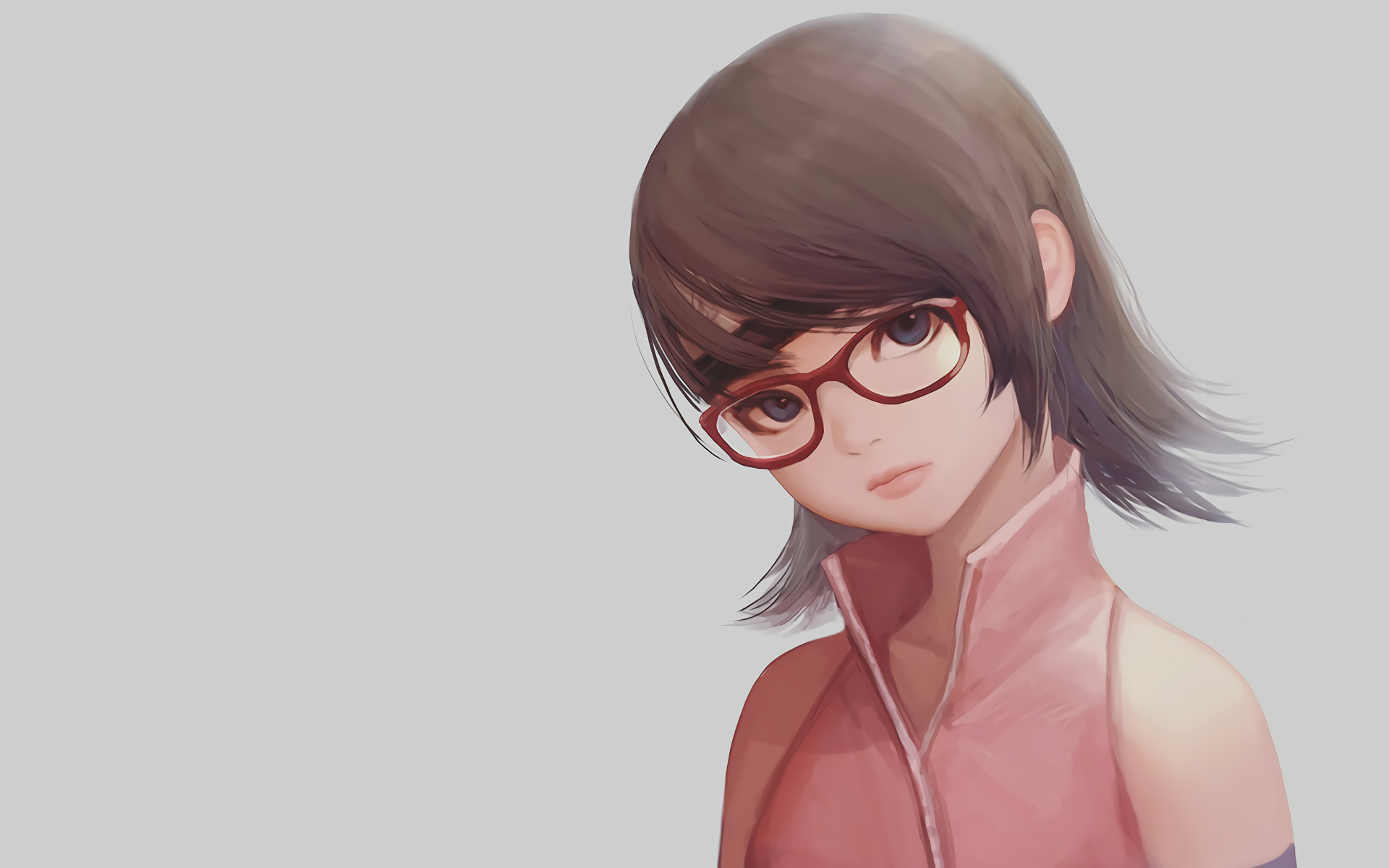 HD PC desktop wallpaper featuring Sarada Uchiha from the anime Boruto, depicted with short hair and glasses against a light background.