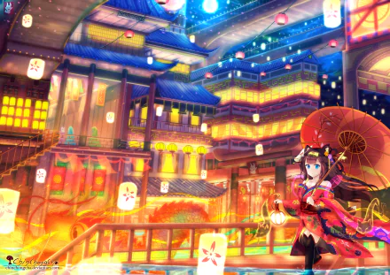 Anime-style HD PC desktop wallpaper featuring a vibrant nighttime cityscape with glowing lanterns and a character holding a red umbrella in traditional attire.