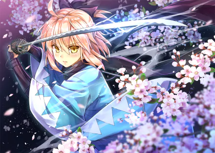 HD PC wallpaper featuring Sakura Saber from Fate/KOHA-ACE, holding a glowing katana amidst blooming cherry blossoms in vibrant anime style.