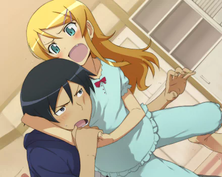 HD PC wallpaper featuring Kyōsuke Kōsaka and Kirino Kousaka from the anime Oreimo in a dynamic indoor scene.