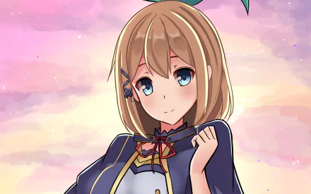 HD PC desktop wallpaper featuring Rumia Tingel from the anime Rokudenashi Majutsu Koushi to Akashic Records against a pastel sky background.