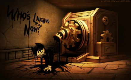 HD desktop wallpaper of Bendy from the video game Bendy and the Ink Machine, depicting a dark, eerie scene with the phrase Who’s Laughing Now? written on the wall above a menacing ink machine.