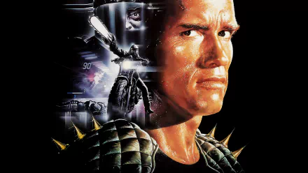 HD PC desktop wallpaper: poster from The Running Man film — stern, muscular actor in spiked shoulder armor with dramatic action montage and futuristic elements.