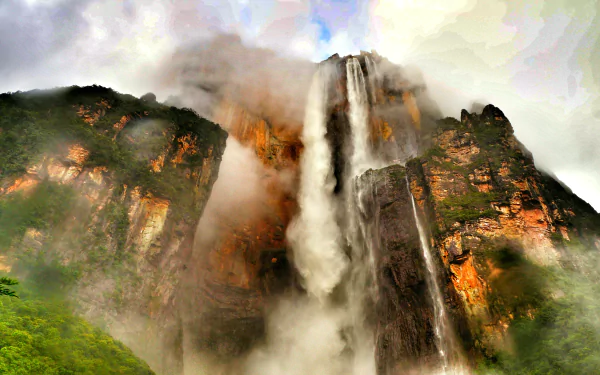 HD wallpaper featuring the majestic Angel Falls cascading down a rugged cliff in a misty, lush natural setting.
