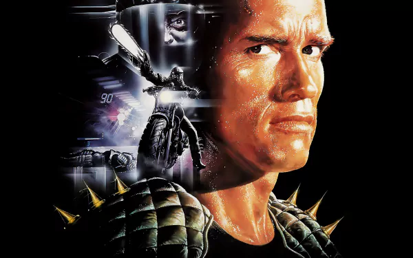HD PC desktop wallpaper: poster from The Running Man film — stern, muscular actor in spiked shoulder armor with dramatic action montage and futuristic elements.