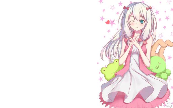 HD desktop wallpaper of Sagiri Izumi from the anime EroManga-Sensei, featuring her in a cute pose with pastel colors and starry background elements.