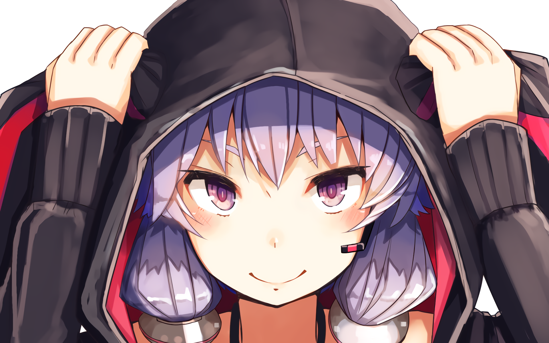 HD anime desktop wallpaper featuring Yuzuki Yukari from Vocaloid, depicted with a confident smile and wearing a black hooded jacket.