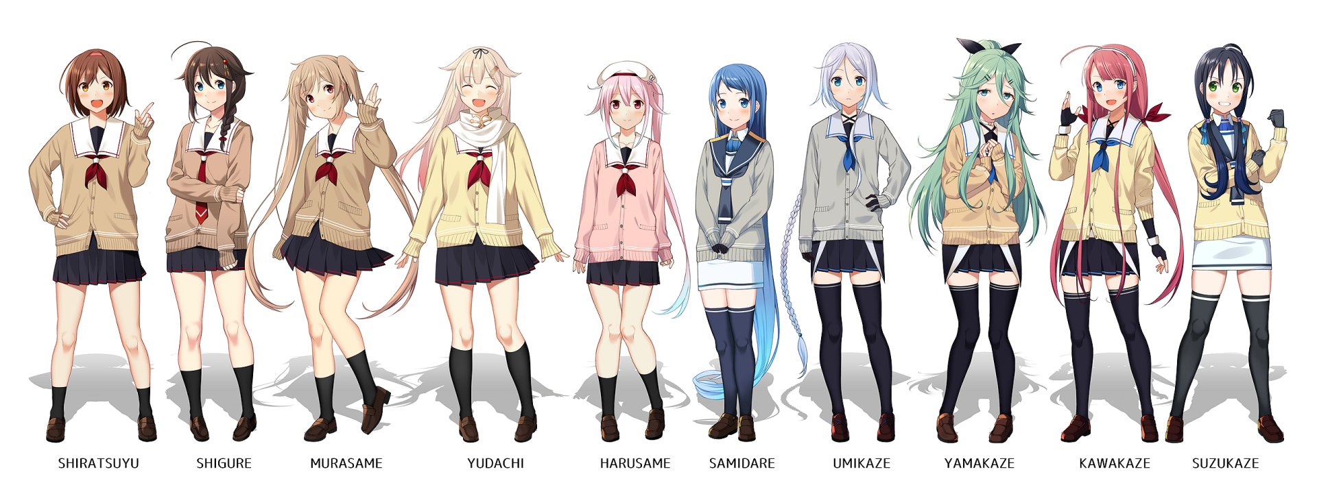 HD PC desktop wallpaper featuring anime characters Suzukaze, Kawakaze, Yamakaze, Umikaze, Samidare, Harusame, Yuudachi, Murasame, Shigure, and Shiratsuyu from Kantai Collection.