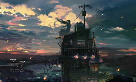 Anime HD desktop wallpaper of a girl with long hair sitting on a rooftop at sunset, with light bulbs and shooting stars in the sky, and clouds over surrounding buildings and houses.