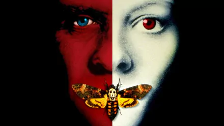 HD PC desktop wallpaper featuring a split face with contrasting red and white tones, inspired by the movie The Silence of the Lambs, with a detailed moth covering the mouth.