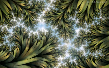 An HD desktop wallpaper with a green abstract design featuring fractal patterns. Swirling green leaves intertwine with bright, star-like formations, creating a mesmerizing background.