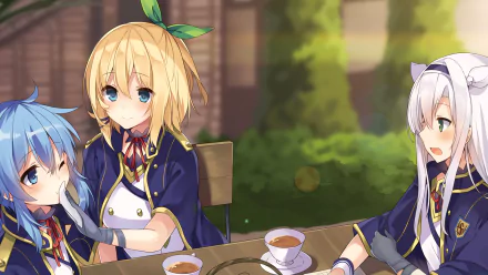 HD desktop wallpaper featuring Riel Rayford, Rumia Tingel, and Sistine Fibel from the anime Rokudenashi Majutsu Koushi to Akashic Records enjoying tea together outdoors.