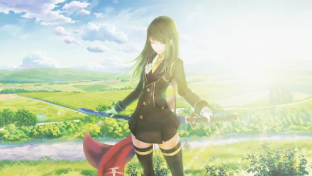 HD desktop wallpaper featuring an anime girl in a black uniform, holding a sword, standing in a sunlit field with a scenic background of green hills and blue skies.