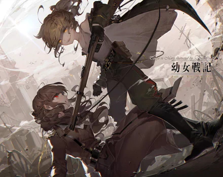 HD desktop wallpaper featuring anime characters Mary Sioux and Tanya Degurechaff from Youjo Senki, set in a dramatic and intense scene.