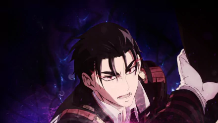 Close-up HD wallpaper of Guren Ichinose from Seraph of the End, featuring his red eyes, short black hair, and uniform with a gloved hand against a dark, intense background.