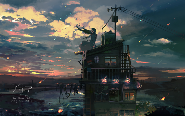 Anime House Building Cloud Long Hair Sunset Shooting Star Light Bulb HD Wallpaper | Background Image