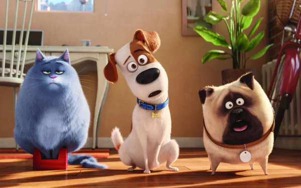 HD PC desktop wallpaper featuring Max and other characters from the movie The Secret Life of Pets in a bright, cozy room setting.