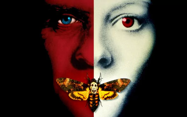 HD PC desktop wallpaper featuring a split face with contrasting red and white tones, inspired by the movie The Silence of the Lambs, with a detailed moth covering the mouth.