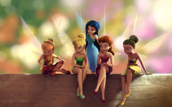 HD desktop wallpaper featuring Tinker Bell and her fairy friends sitting on a wooden ledge with a colorful, blurred background.