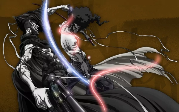 Dynamic scene depicting samurai from Afro Samurai, featuring intense combat with glowing swords against a textured brown background. High-definition anime wallpaper.