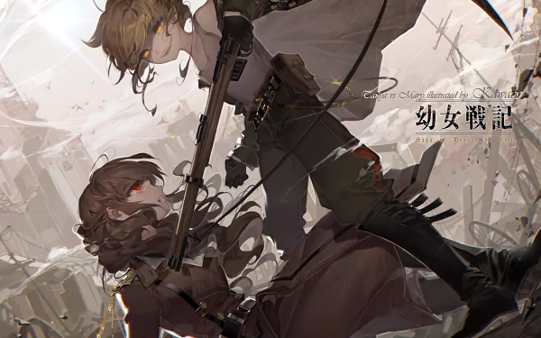 HD desktop wallpaper featuring anime characters Mary Sioux and Tanya Degurechaff from Youjo Senki, set in a dramatic and intense scene.