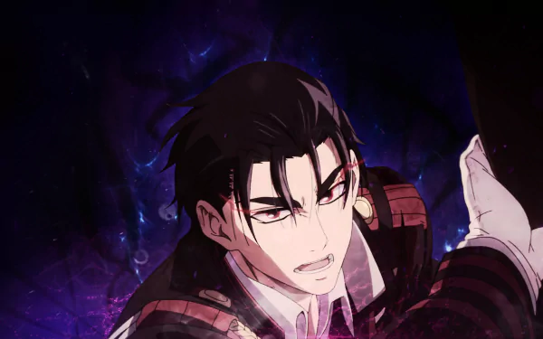 Close-up HD wallpaper of Guren Ichinose from Seraph of the End, featuring his red eyes, short black hair, and uniform with a gloved hand against a dark, intense background.