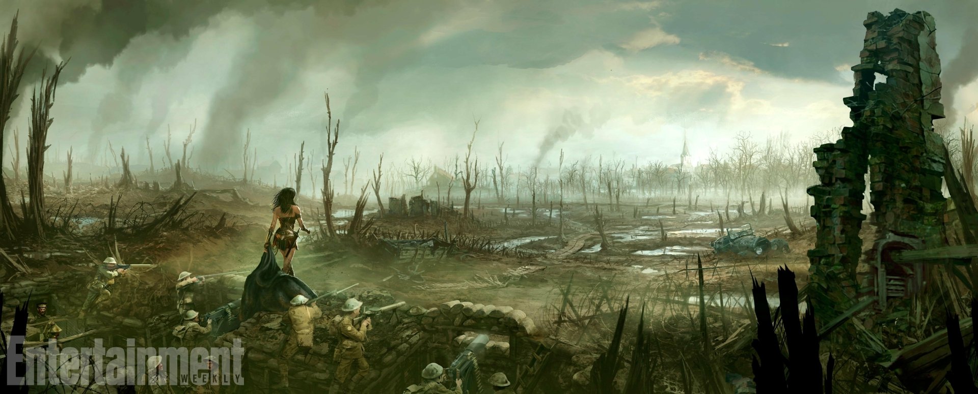 HD desktop wallpaper of Wonder Woman standing in a war-torn battlefield, surrounded by soldiers and destruction. Smoke rises in the distance under a cloudy sky.
