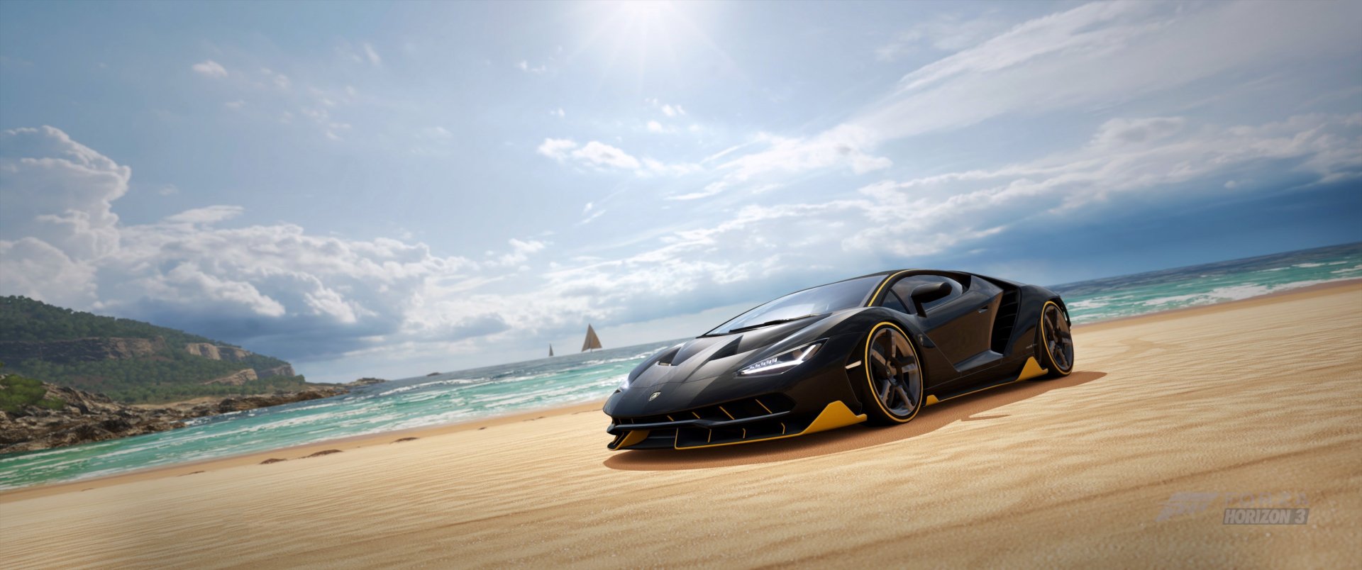HD PC desktop wallpaper featuring a black Lamborghini Centenario supercar on a sandy beach, from the video game Forza Horizon 3.