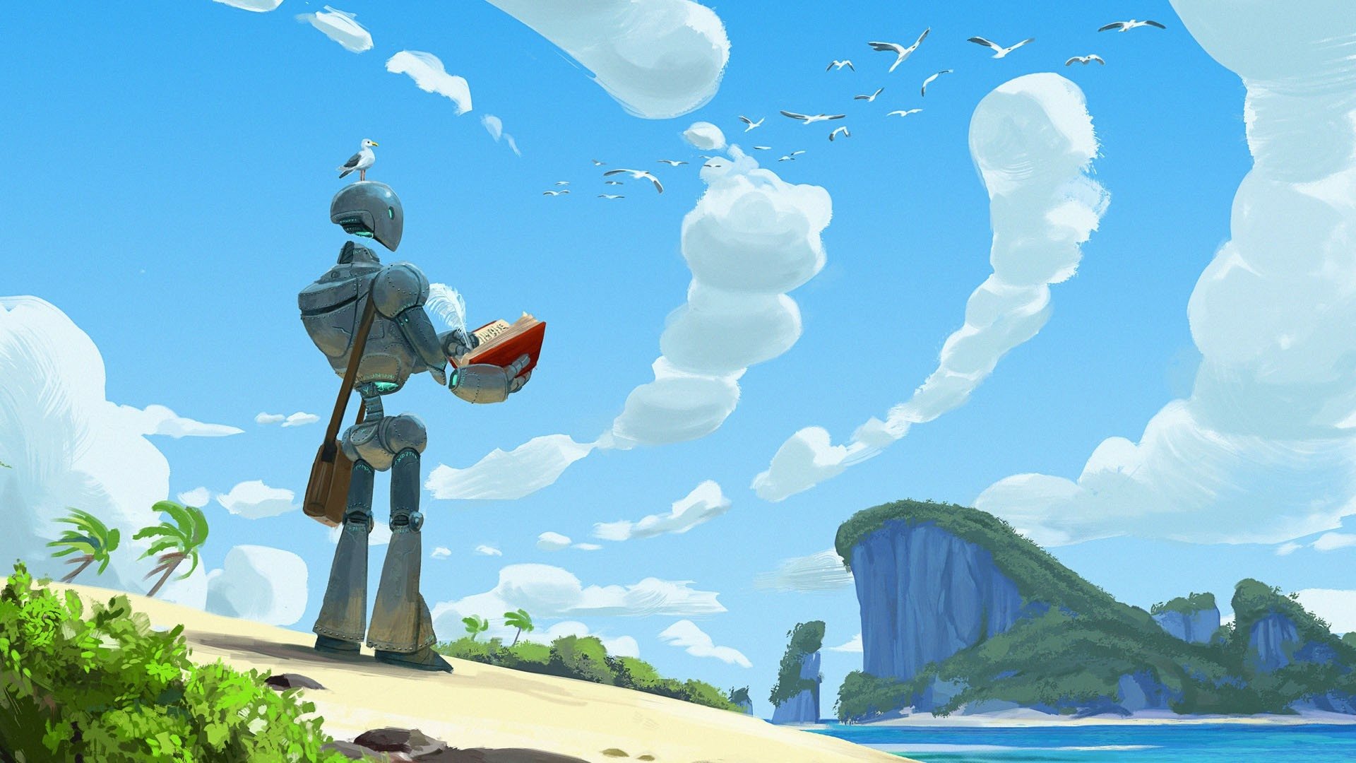 A sci-fi robot stands on a beach holding a helmet, overlooking a bright blue sky with shaped clouds and distant cliffs in this HD PC desktop wallpaper.