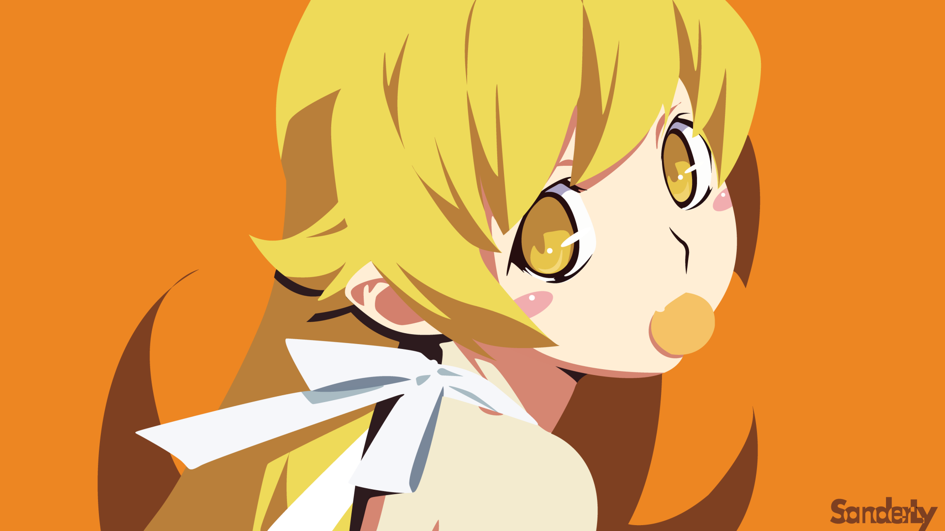 Shinobu Oshino (Monogatari) anime 4K Ultra HD PC wallpaper: stylized close-up of a blonde girl with golden eyes and ribbon against a bold orange background.