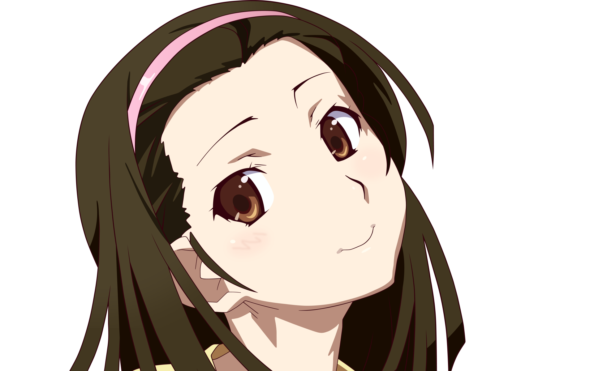 Close-up of Nadeko Sengoku (Monogatari series) smiling, long brown hair with pink headband on a white background — 5K Ultra HD PC desktop wallpaper.