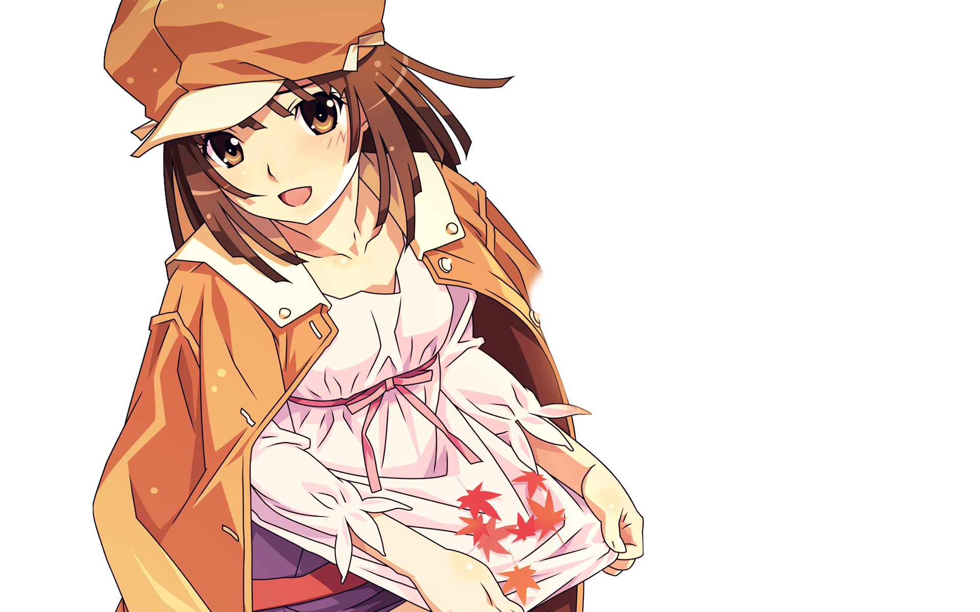 HD PC desktop wallpaper of Nadeko Sengoku from Monogatari: anime-style portrait in an orange coat and cap, smiling and holding a white dress with red maple-leaf print on a white background.
