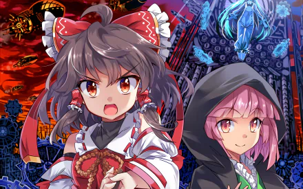 HD PC Touhou anime desktop wallpaper/background: Reimu Hakurei (front) and Hieda no Akyuu (hooded) against a red-and-blue mystical mechanical backdrop.