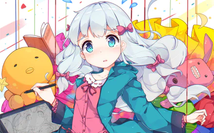 HD desktop wallpaper featuring Sagiri Izumi from EroManga-Sensei anime, surrounded by colorful toys and holding a drawing pen.